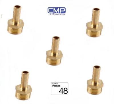 8mm - 1/4" BSP Brass Male Barb Hose Tail Fitting Fuel Air Water Hose Oil 5pcs - Image 1 of 4
