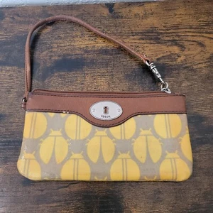 Fossil Key Per Wristlet Yellow Lady Bug Beetle Wallet Brown Leather Purse Pouch - Picture 1 of 12