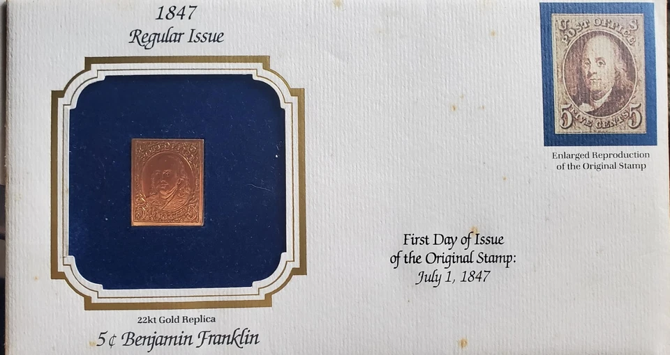 22kt Gold Replica First Day Of Issue July 1, 1847 Benjamin Franklin 5 cent. #1 - Image 1 of 1
