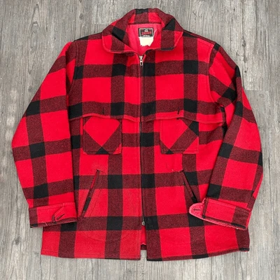VINTAGE 80S JOHNSON WOOLEN MILLS RED PLAID WOOL JACKET MENS LARGE - Image 1 of 4