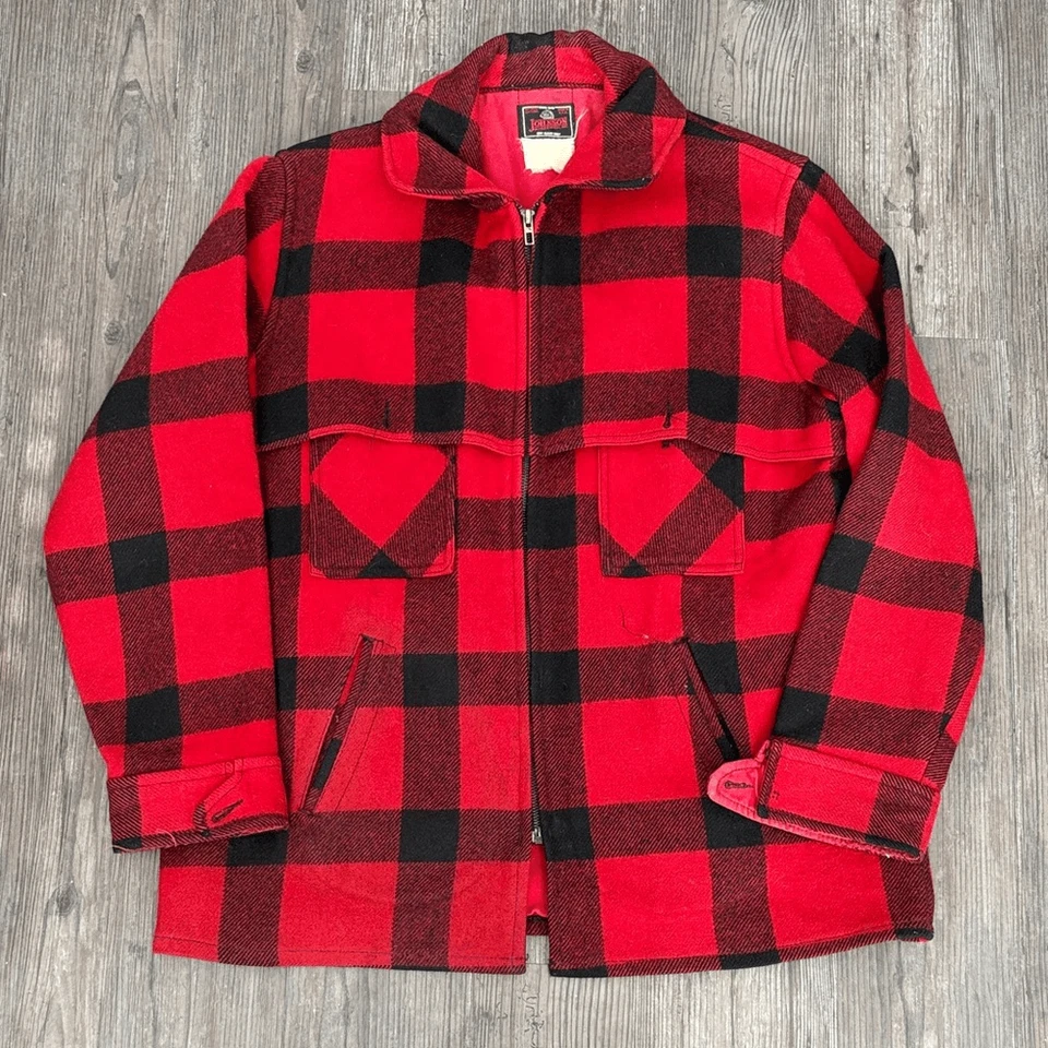 VINTAGE 80S JOHNSON WOOLEN MILLS RED PLAID WOOL JACKET MENS LARGE - Image 1 of 4