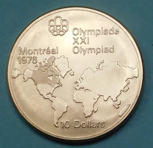 1973 CANADA Elizabeth II Olympics Montreal World Map BU Silver $10 Coin Canadian - Picture 1 of 2