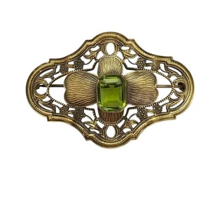 Art Nouveau Sash Brooch Gold Tone Faceted Emerald Cut Bezel Set Rhinestone Pin - Picture 1 of 11