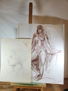 MOLLIE WALLACE ORIGINAL PORTRAIT AND NUDE STUDY IN GRAPHITE AND SANGUINE CRAYON - Picture 1 of 24