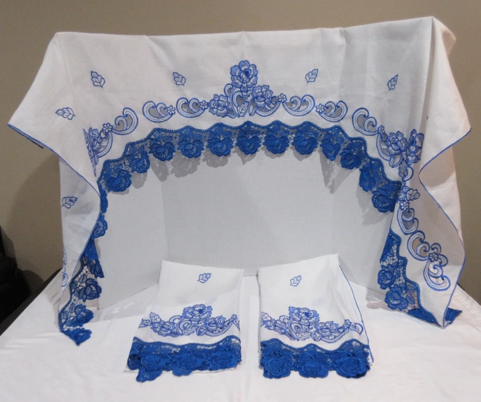 Juego de 3 piezas de botín de cortina de encaje blanco y azul real Golden Ocean Home Decor Foto 1 de 4