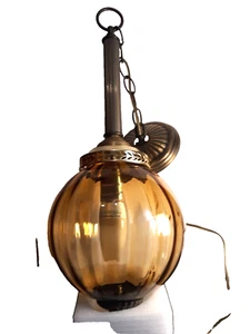 Vintage Mid Century Ribbed Amber Hanging Glass Pendant Light REWIRED B276 - Picture 1 of 7