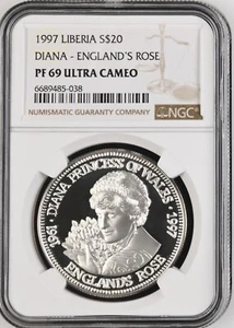 1997 LIBERIA SILVER 20 DOLLARS DIANA - ENGLAND'S ROSE - NGC PF 69 ULTRA CAMEO - Picture 1 of 2