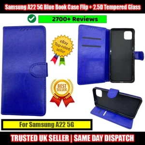 Samsung A22 5G SM-A226B Blue Flip Book Case with Strap +2.5D Tempered Glass - Picture 1 of 11