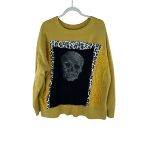 Women's Yellow Skull Lace Patchwork Oversized Goth Handmade Sweatshirt Crew Neck - Picture 1 of 6