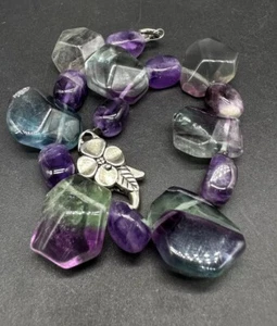 Fluorite Rainbow Floral Clasp Chunky Beaded Bracelet 7.75” - Picture 1 of 8