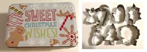 7 Holiday Stainless Steel Cookie Cutters with 7.5" Tin Sweet Christmas Wishes