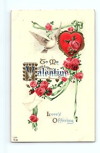 Red Roses Heart Dove Love Flowers Valentine's Day Greeting Card Vintage Postcard