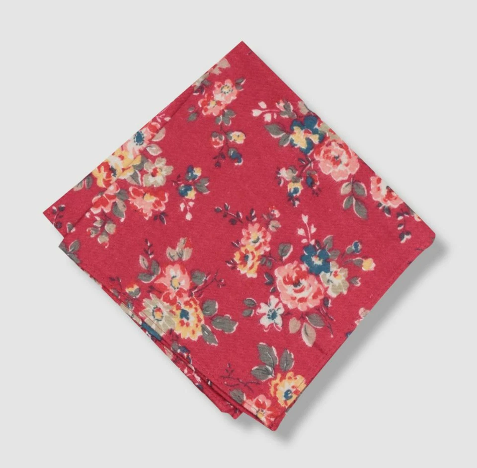 $32 Bar III Men Red Floral Cotton Handkerchief Pocket Square 12.5 X 12.5 - Image 1 of 1