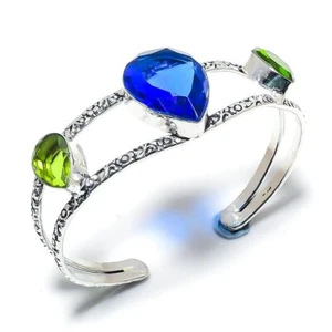 Tanzanite Quartz, Peridot Gemstone 925 Silver Plated Cuff Bracelet Adjustable - Picture 1 of 1