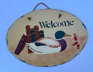 Welcome Sign Hanging  Oval Plaque Hand Painted Slate Duck Decoy Books 13 x 9"
