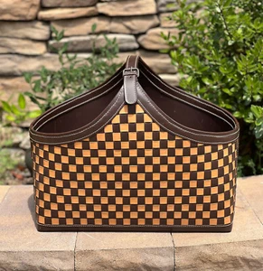 Brown Woven Check Pattern Storage Tote Basket Faux Leather Magazine Holder - Picture 1 of 9