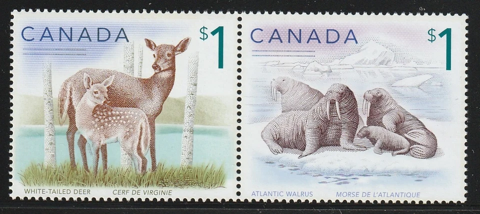 Canadá #1689a, vida silvestre, ciervo de cola blanca, morsa, pareja de inquilinos HV, MNH 2005 Foto 1 de 1