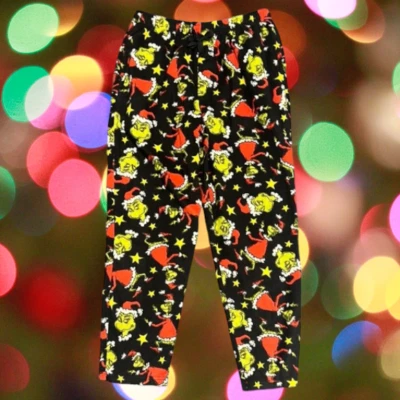 Dr Seuss The Grinch Black Green Fleece PJs Pajama Lounge Pants Worn Once Large - Image 1 of 4