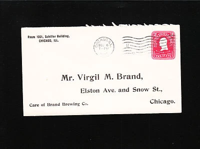 PrePrint Virgil Brand Brewing Chicago 1907 Recuts ? 2c Washington PSE Cover ½ - Image 1 of 3