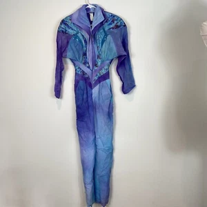 Jumpsuit 80’s Vintage Aqua Purple Rayon Embellished Shoulders Size 6 IIF - Picture 1 of 12