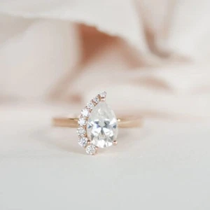 Gorgeous 14k Solid Rose Gold Pear Cut Half Halo 2 Ct Moissanite Engagement Ring - Picture 1 of 12