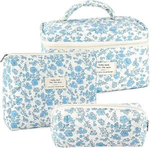 3Pcs Cotton Quilted Makeup Bag for Women Extra Large Small Travel Cosmetic Ba... - Picture 1 of 7