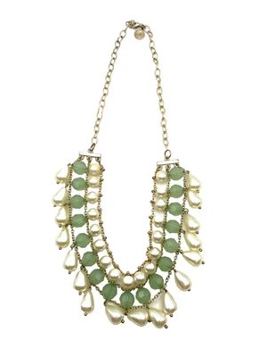 Statement Necklace Light Green & Cream Faux Pearl Bib Necklace Layered Teardrop - Image 1 of 4