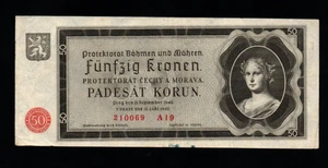 50 KORUN FINE BANKNOTE FROM GERMAN OCCUPIED CZECHOSLOVAKIA/BOHEMIA 1940 PICK-5 - Picture 1 of 2
