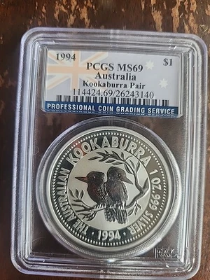 1994 PCGS MS69 Australia Kookaburra Pair $1 Coin Flag Label - Image 1 of 2