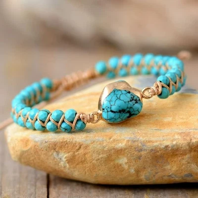 Pulsera Reiki Boho Azul Turquesa Doble Cuentas Trenzadas Cuero Sanación Foto 1 de 4