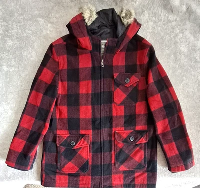 Abrigo Chaqueta Aeropostale Lana/Poli Guisante Piel Sintética Capucha Rojo/Negro Cuadros Hombres L (XL) Foto 1 de 4