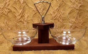 vintage ROTHCHILDS Giftwoods solid walnut relish/dip/condiment caddy glass bowls - Picture 1 of 9