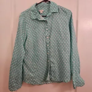 J. Crew Blouse Womens M Seafoam Green White Polka Dot 100% Linen Career Casual - Picture 1 of 10