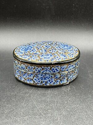 Vintage India Floral 4” Hand Painted Lacquer Gold Blue Floral Trinket Box • 18$