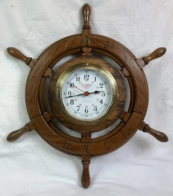 Vintage Ships Wheel Brass Bulkhead Wall Clock, Beadle - Hull, Marine, Maritime - Image 1 of 4