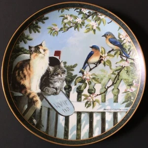 Neugierige Nachbarn Katze Kätzchen Teller SONDERLIEFERUNG blaue Vögel von Persis Weirs EUC - Bild 1 von 5