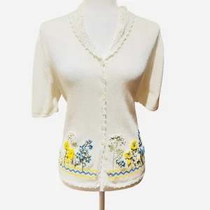 Susan Bristol Vintage 1997 Hand Embroidered Cardigan Cottagecore Knit Top Size L - Picture 1 of 9