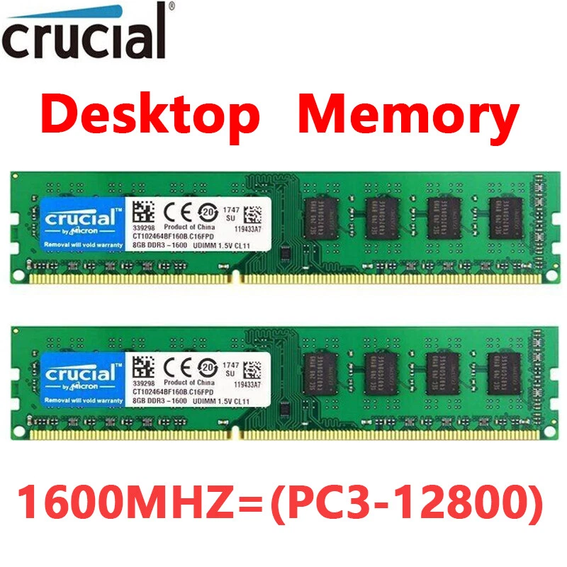 Crucial DDR3 16GB (2X8GB) KIT 1600 MHz PC3-12800 DIMM 240-Pin Non-ECC Memory RAM - Image 1 of 4