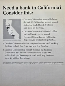 Anuncio impreso vintage de Crocker-Citizens National Bank San Francisco CA en todo el estado 1965 - Imagen 1 de 4