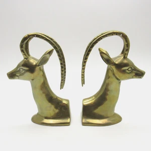 Mid Century Antelope Ibex Gazelle Brass Bookends PAIR 8.5" MCM Bookshelf Decor - Picture 1 of 10