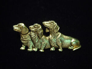 "JJ" Jonette Jewelry Antique Gold Pewter 'Three DACHSHUNDS' Dog Pin