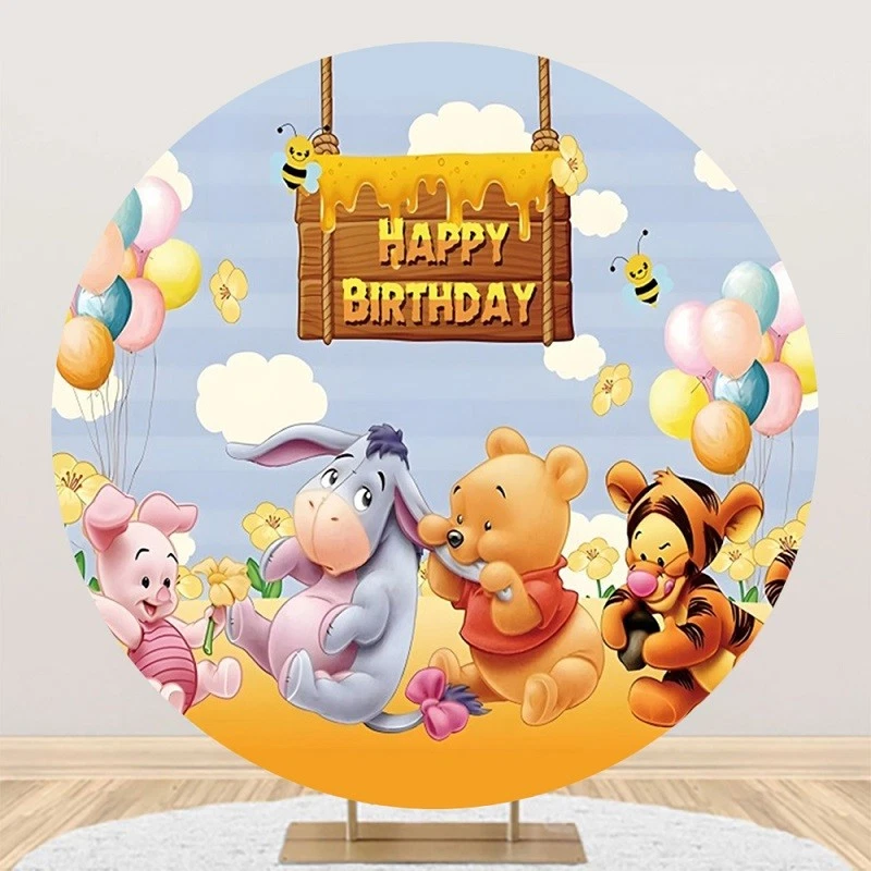 Round Winnie The Pooh Backdrop Cover Happy Birthday Photo Background Banner - Image 1 of 4