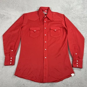 H BAR C Ranchwear Shirt Mens Small Red Pearl Snap 70s Permanent Press Long Tail - Picture 1 of 11