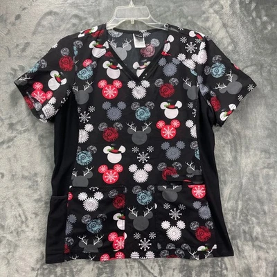 Disney Mickey Mouse Christmas Scrub Top Women's Large Black Snowflake Print - Image 1 of 4