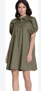 Donna Morgan Women’s Poplin Khaki Green Collared Puff Sleeve Dress Size 6 - Picture 1 of 7