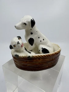 Vintage Japan Porcelain DALMATIAN Parent Dog & Puppy In A Basket 3.75” Tall - Picture 1 of 6