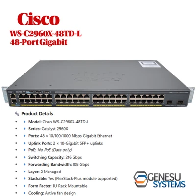 💻 Cisco WS-C2960X-48TD-L – 48-Port Gigabit Switch  ✅ w/ Rack Mount Brackets - Image 1 of 3