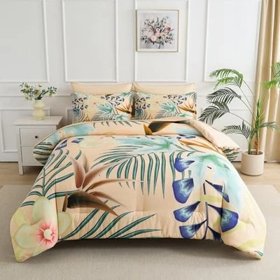  7 件套床包尺寸被子套装卡其色床上用品国王卡其色花卉 2 — 第 1/4 张图片