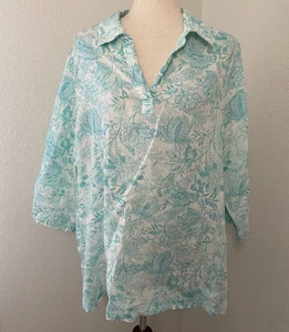 Sigrid Olsen 100% Leinen Tunika Top Damen 1X Aqua Blau Weiß Blumenmuster Bluse - Bild 1 von 7