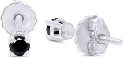 1/4ct Round Cut Black Real Diamond Screw Back Stud Earrings In 14k Solid Gold - Image 1 of 4